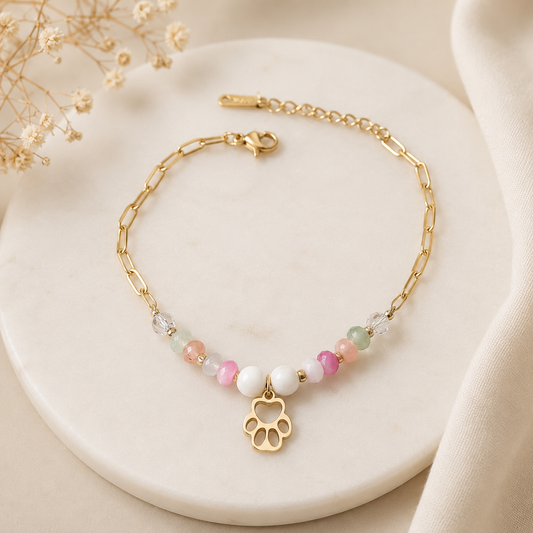 Pulsera Acero inoxidable Dorada con Huella y Cuentas de Cristal Ajustable