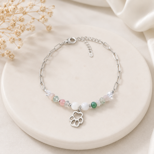 Pulsera Acero inoxidable Plateada con Huella y Cuentas de Cristal Ajustable