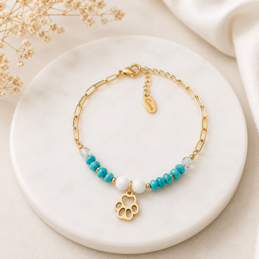 Pulsera Acero inoxidable Dorada con Huella y Cuentas Turquesa Ajustable