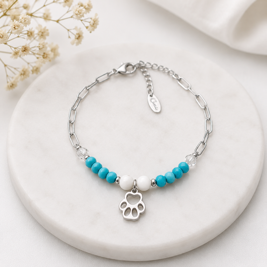 Pulsera Acero inoxidable Plateada con Huella y Cuentas Turquesa Ajustable