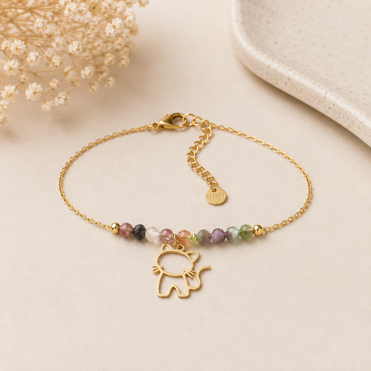 Pulsera de acero inoxidable Gatito con Piedras Multicolor