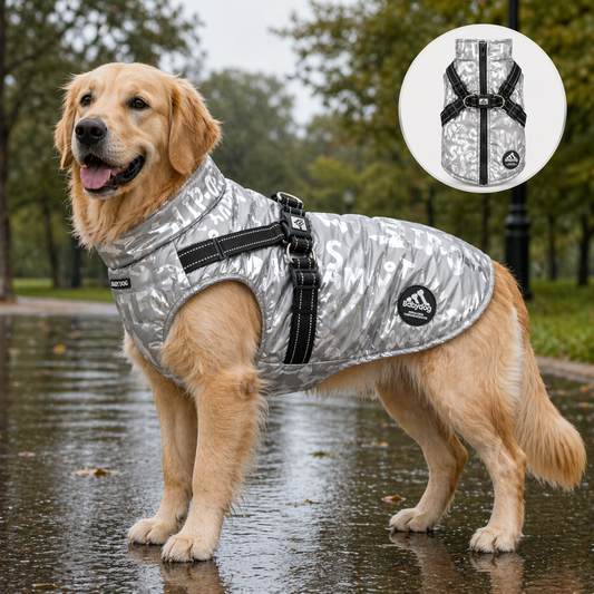 Chubasquero para perro impermeable con arnés integrado. Color plata