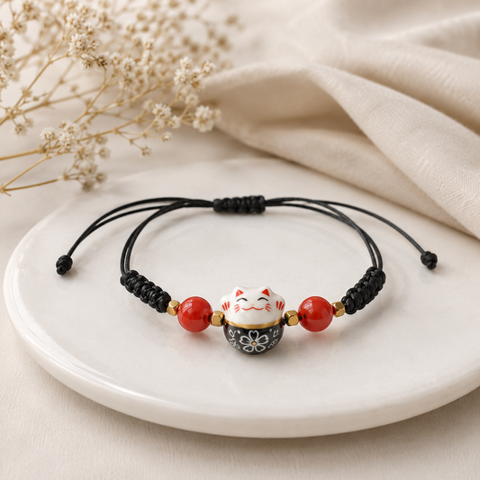 Pulsera de Hilo Ajustable Gato de la Suerte. Negro.