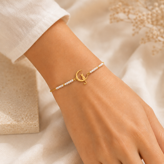 Pulsera Acero Inoxidable Luna y Gato con Cuentas Blancas