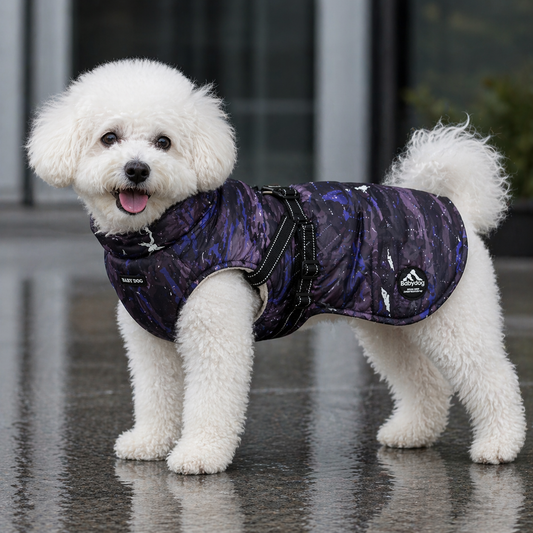 Chubasquero para perro impermeable con arnés integrado. Color gris/azul militar